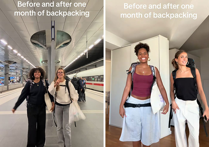 Two pairs of women before and after one month of backpacking, showing how travelling long-term changed them.