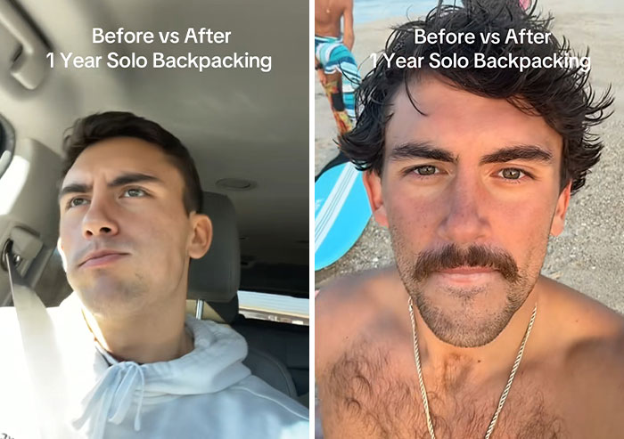 Side-by-side photos showing transformation after 1 year solo backpacking, highlighting long-term travel changes on a young man.