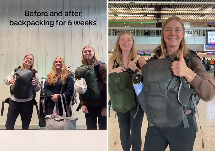Three women showing before and after effects of travelling long-term with backpacks at an airport setting.