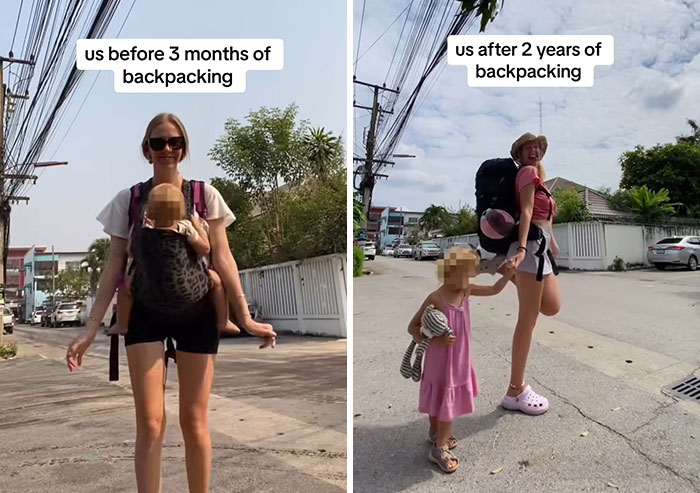 Side by side photos showing changes in two travelers before and after long-term backpacking experiences.