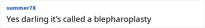 Text image showing a comment saying Yes darling it&rsquo;s called a blepharoplasty, related to Ariana Grande plastic surgery discussions.