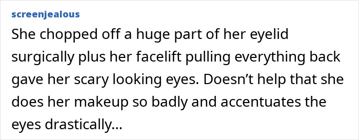 Text comment discussing fans' opinions on Ariana Grande's plastic surgery and changes to her eyelid and facelift.