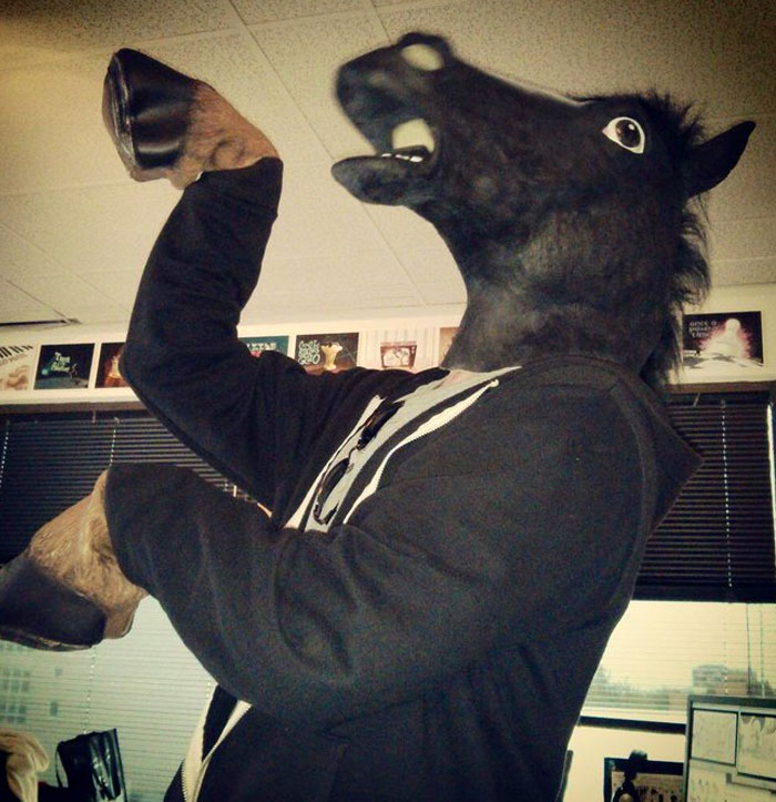 Person wearing a horse mask striking a playful pose in an office, an unhinged behind-the-scenes photo meme moment.