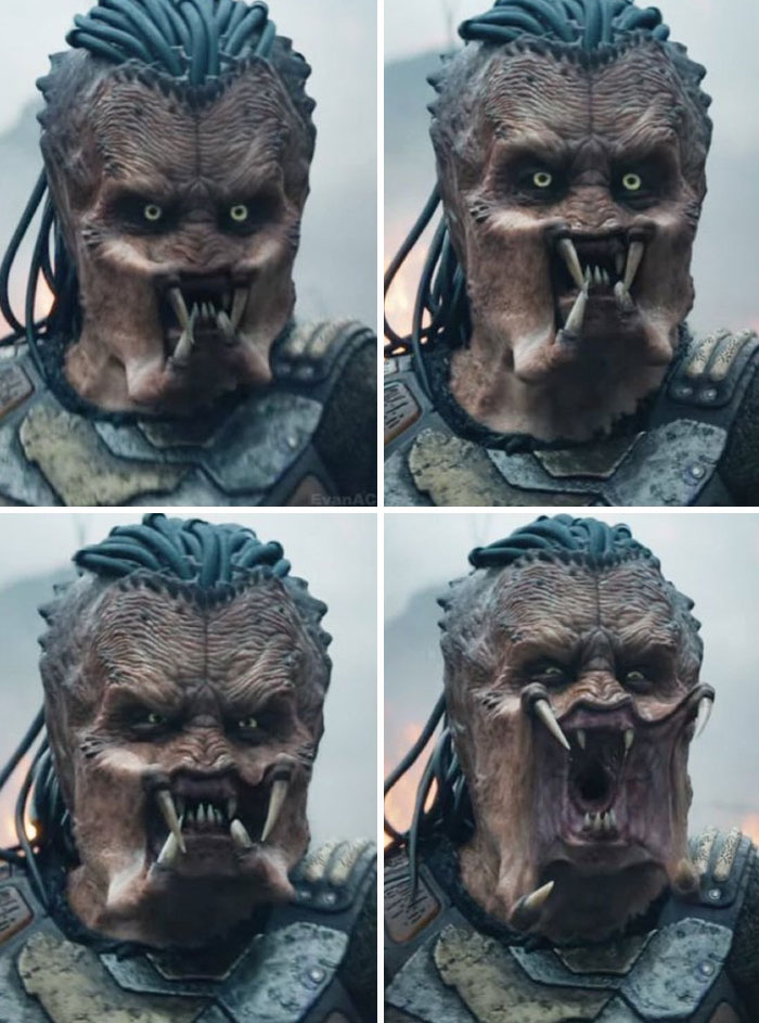 Unhinged behind-the-scenes photos of a creature in detailed armor making varied fierce facial expressions.