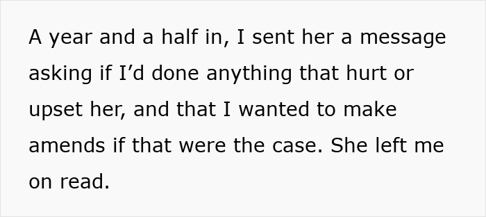 Text showing a message asking a best friend if anything hurt their relationship after no contact, with no reply received.