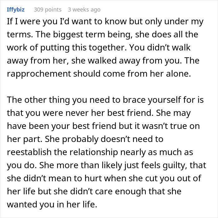 Comment discussing best friend no contact returns, emphasizing who ended the friendship and mixed feelings involved.