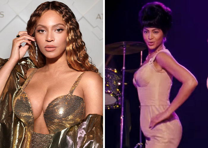 Beyoncé wearing a gold outfit at an event and performing on stage, showcasing actors who pushed themselves for a movie role.