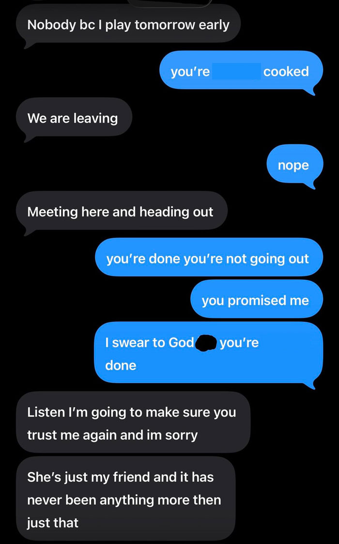 Text messages showing a tense conversation between a woman and her boyfriend about trust and cheating during vacation.