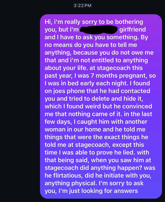 Text message from woman confronting a potential boyfriend cheating during vacation, seeking answers about his behavior.