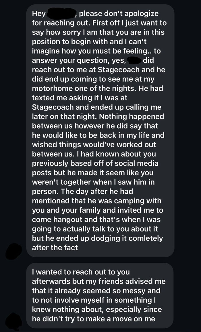 Text message revealing details about a boyfriend cheating while on vacation, explaining mixed interactions and emotions.