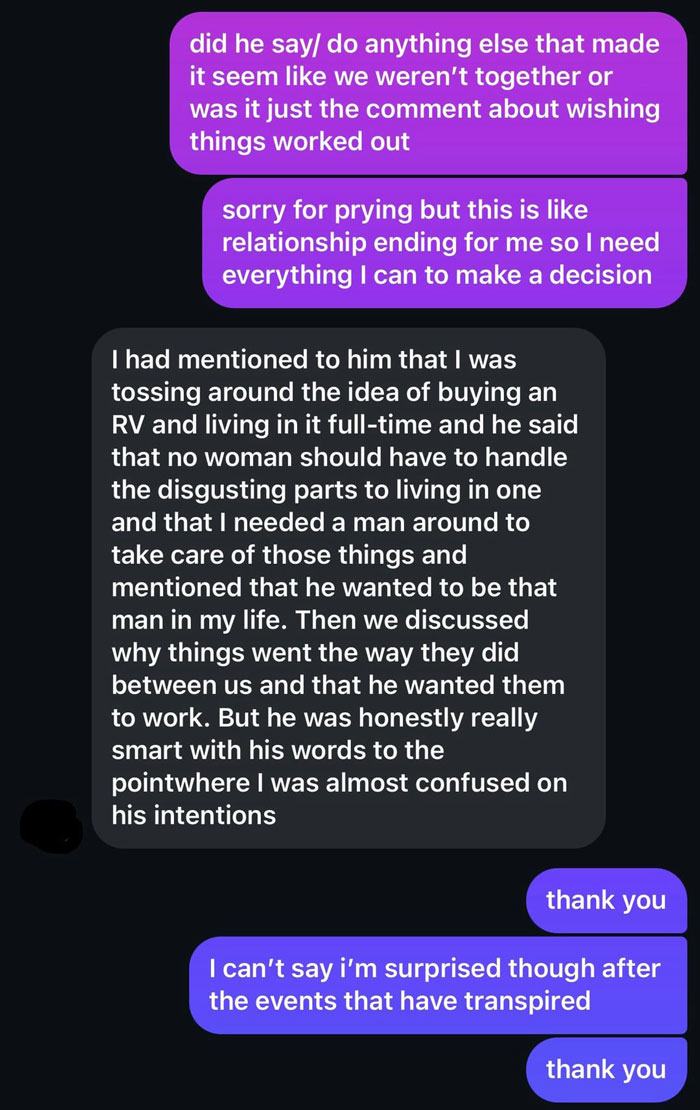 Text message conversation discussing relationship doubts and confusion involving boyfriend cheating woman vacation situation.