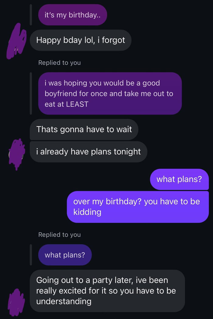 Text message conversation showing a guy forgetting his girlfriend's birthday and making excuses for his plans.