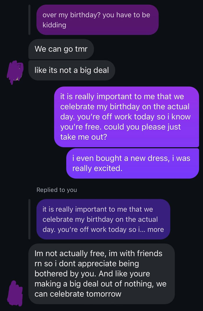 Text message conversation showing a guy forgetting girlfriend&rsquo;s birthday and demanding apologies for bothering him.