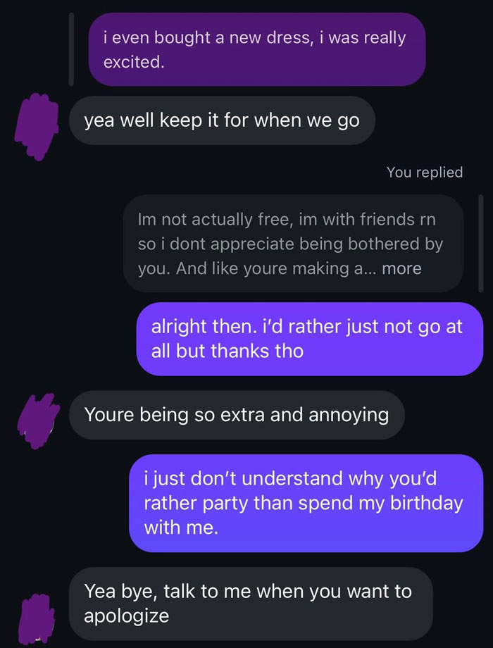 Text message conversation showing a guy ignoring his girlfriend&rsquo;s birthday and demanding apologies for bothering him.