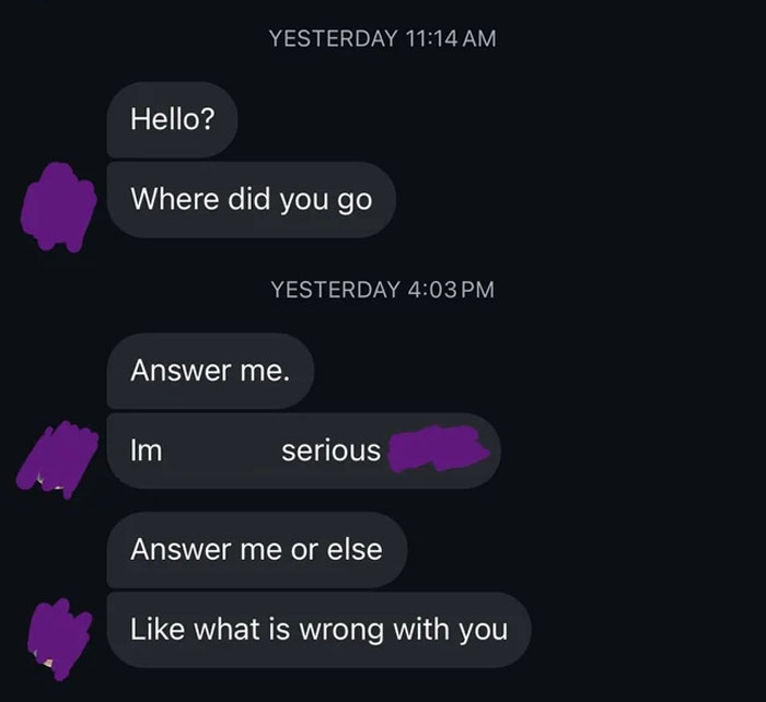 Text messages showing a guy demanding answers, highlighting tension in a relationship about forgetting a girlfriend's birthday.