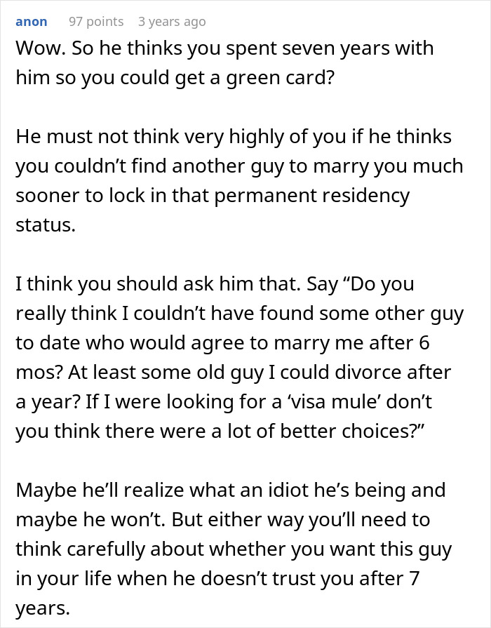 Screenshot of a Reddit comment discussing relationship trust and concerns about marriage for green card purposes.