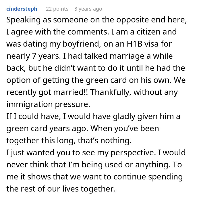 Commenter sharing perspective on dating, marriage, and immigration challenges while on an H1B visa in a detailed online discussion.