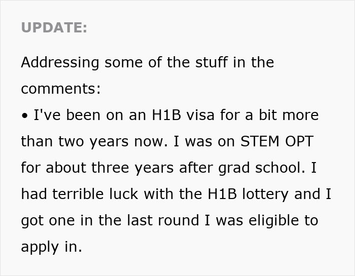 Update text on visa and work experience addressing comments from a woman who left the US due to challenges with success.