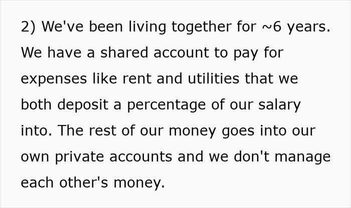 Text excerpt about a woman managing finances in a shared account while living together for six years.