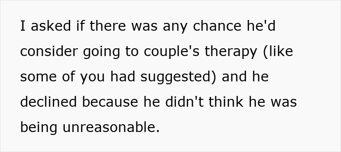 Text excerpt showing a woman explaining her boyfriend declined couples therapy, feeling he was not unreasonable.