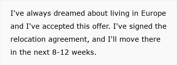 Text on white background about relocating to Europe, expressing excitement to start a new life after signing a relocation agreement.