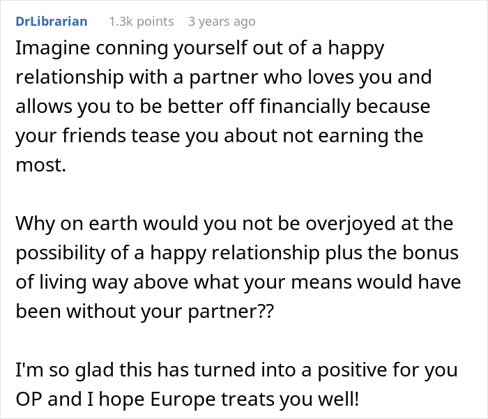 Comment discussing a woman leaving the US to start a new life in France due to partner&rsquo;s inability to handle her success.