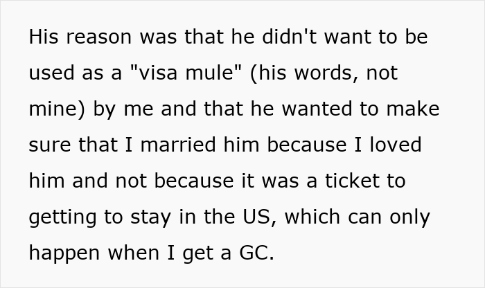 Text excerpt explaining a man&rsquo;s reason for not wanting to be used as a visa mule while discussing staying in the US and marriage.