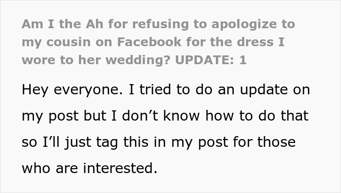 Text from a social media post about a bride mad at cousin for wearing a dress to the wedding.