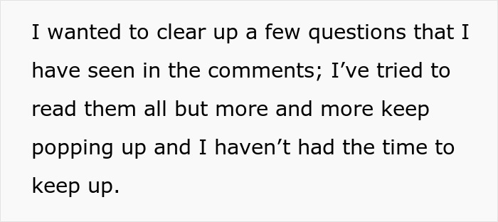 Text on screen about clearing up questions in comments, related to bride mad cousin dress wedding situation.