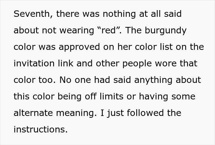 Text excerpt discussing following a burgundy dress code at a wedding and a bride's mad cousin over dress choices.