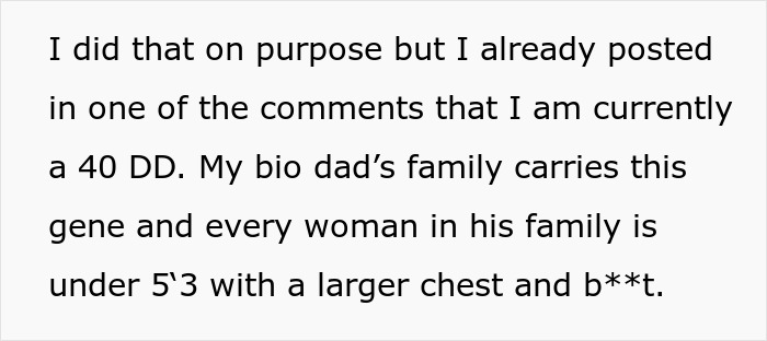 Text excerpt discussing family genetics related to body size and chest, relevant to bride mad cousin dress wedding situation.