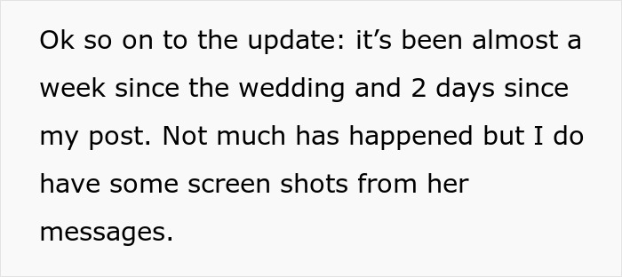 Text screenshot discussing an update about a bride mad cousin dress wedding conflict after the event and message screenshots.