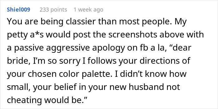 Comment criticizing a cousin wearing the wrong dress color at a wedding, showing bride-mad cousin dress wedding tension.