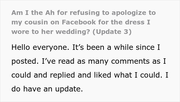 Text from a post discussing a bride mad at her cousin for the dress worn to the wedding, sharing an update.