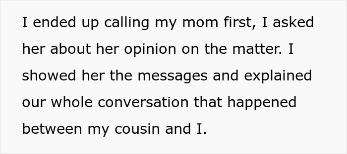 Text on a white background describing a conversation about a bride and mad cousin dress wedding issue.
