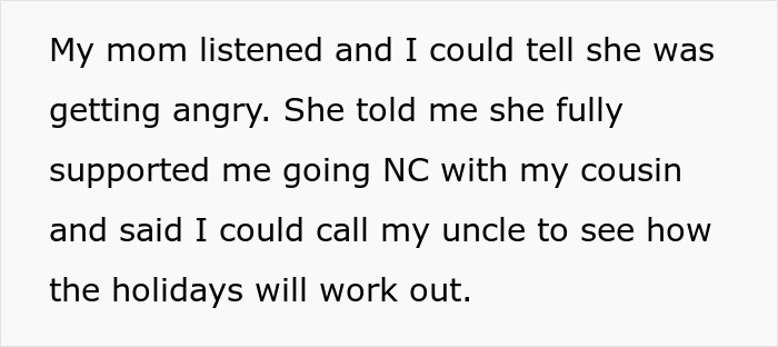 Text showing a bride mad at her cousin over a dress for a wedding, expressing family tension during the holidays.