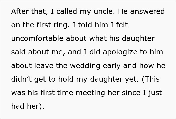 Text on a white background describing a phone call about feeling uncomfortable with a bride mad cousin dress wedding incident.