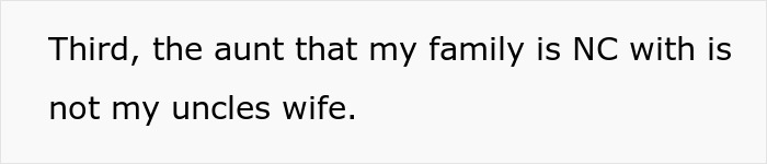 Text on a white background stating the aunt in the family is not the uncle's wife, related to bride mad cousin dress wedding.