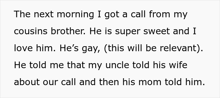 Text excerpt about a bride&rsquo;s mad cousin involving a dress and wedding family drama shared over a phone call.