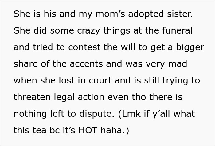 Text about a mad cousin causing drama and legal threats related to family disputes, relevant to bride mad cousin dress wedding.