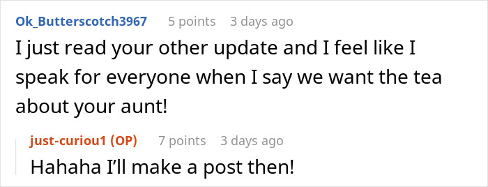 Screenshot of an online conversation about a bride mad at her cousin&rsquo;s dress at the wedding, discussing family drama.