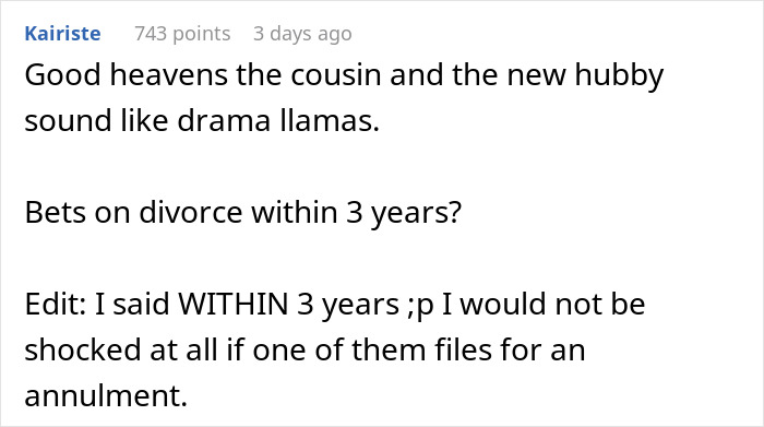 Comment discussing drama involving bride, mad cousin, and wedding tensions with bets on divorce within three years.