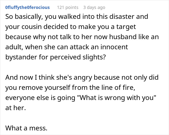 Text post discussing a bride mad at her cousin over a dress issue at a wedding, causing family tension.