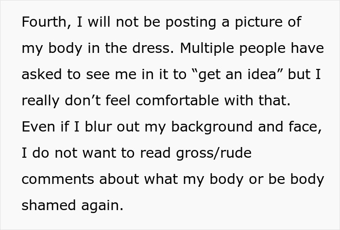 Text excerpt from a bride addressing concerns about sharing her dress photo due to cousin drama and body shaming at a wedding.
