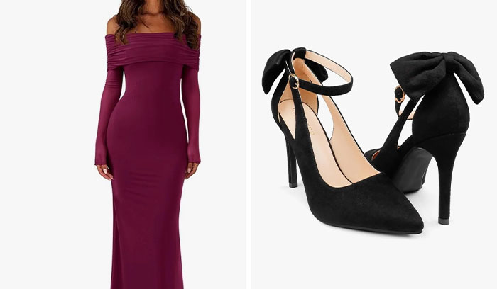 Off-shoulder long sleeve burgundy dress and black high heels with ankle straps and bow details for wedding guest style.