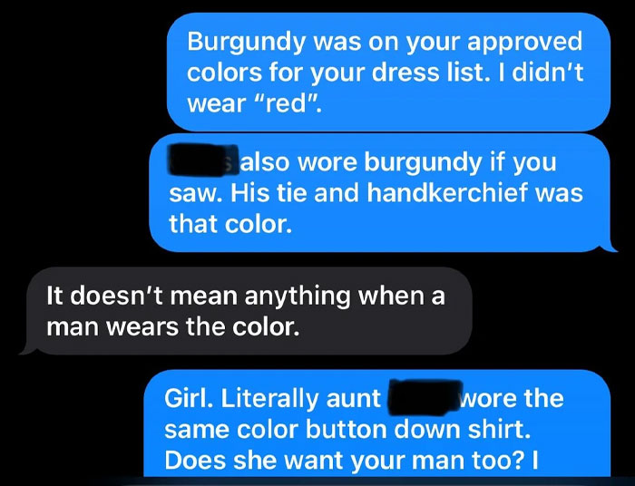 Text message exchange about dress colors causing tension, illustrating a bride mad at cousin over wedding dress color choice.