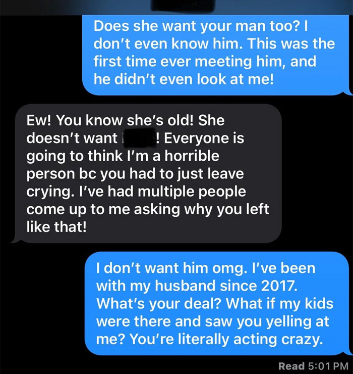 Text message exchange showing a bride mad at her cousin for yelling and causing drama at the wedding.