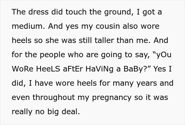 Bride mad cousin dress wedding story text about dress length and wearing heels during pregnancy.