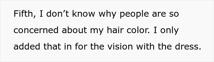 Bride looking mad at cousin wearing a dress at a wedding, highlighting tension over outfit choice and hair color.