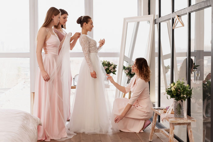 Bridesmaids helping bride adjust wedding dress, contrast to bold red dress breaking all-black dress code at wedding event.